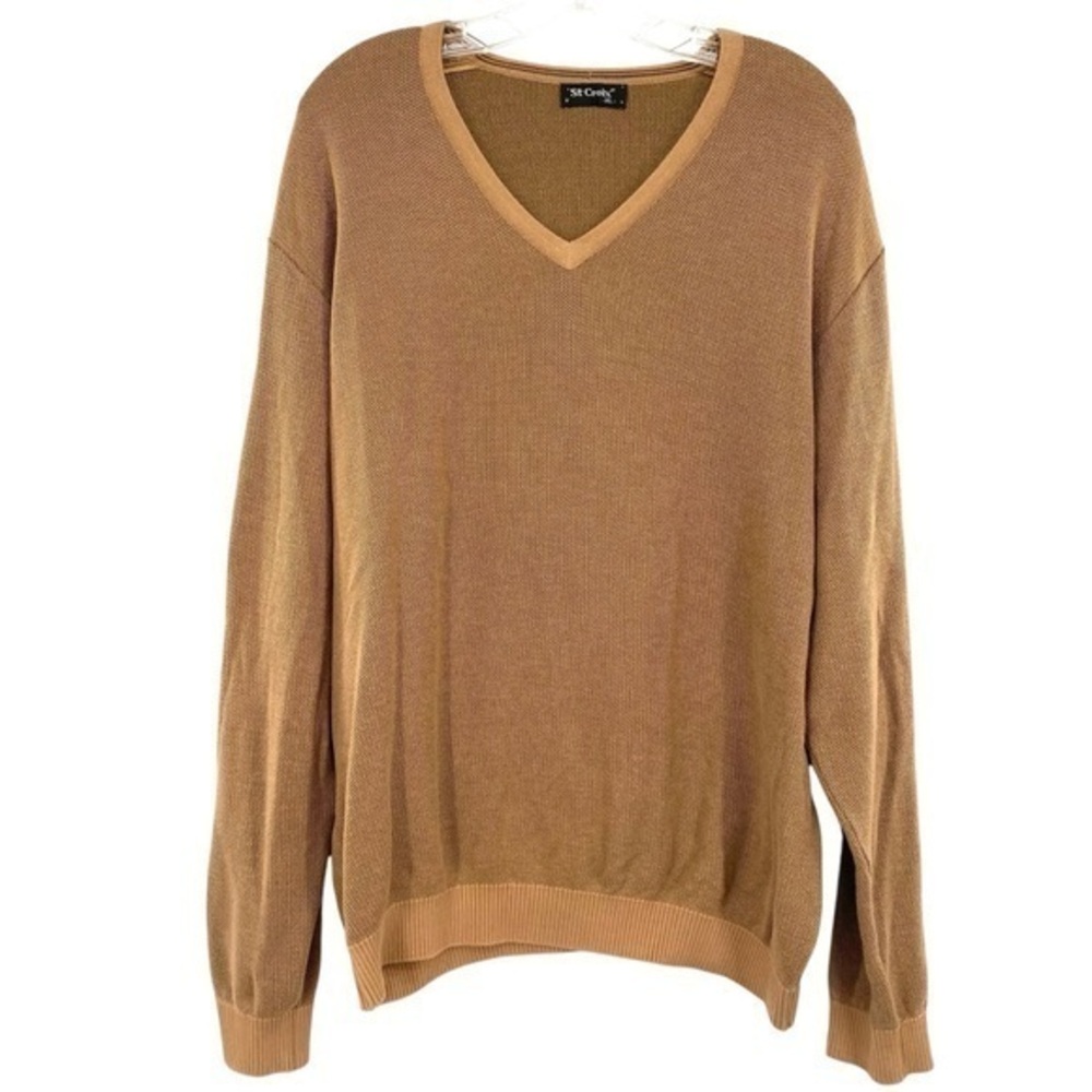 St. Croix Mens Knit V Neck Pullover Sweater Camel Brown Preppy